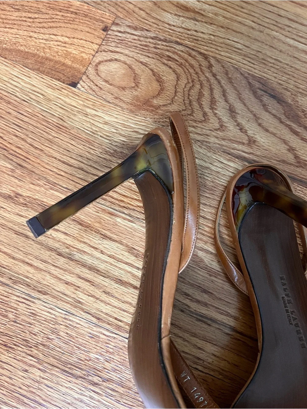 Ralph Lauren Leather Tortoise Heeled Sandals in Tan